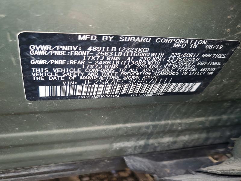 66950756 :رقم المزاد ، JF2SKAEC3KH574111 vin ، 2019 Subaru Forester مزاد بيع