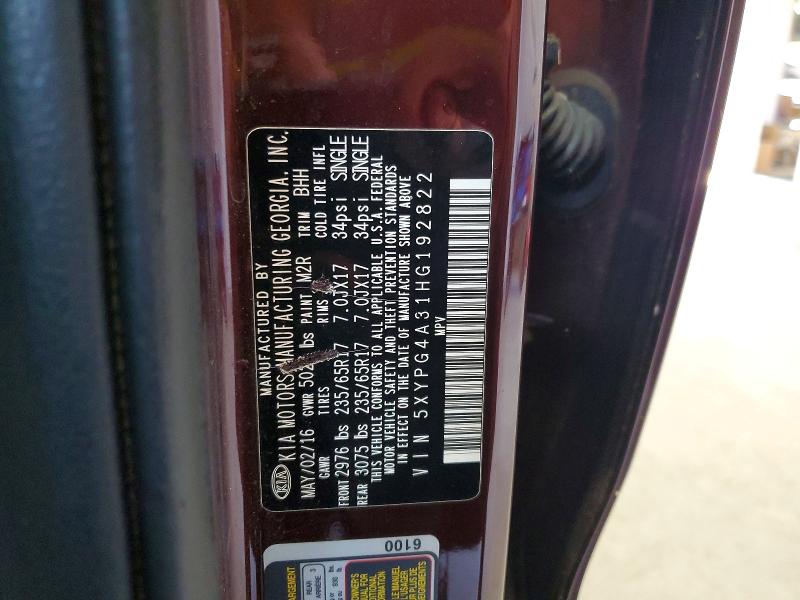 66084146 :رقم المزاد ، 5XYPG4A31HG192822 vin ، 2017 Kia Sorento مزاد بيع