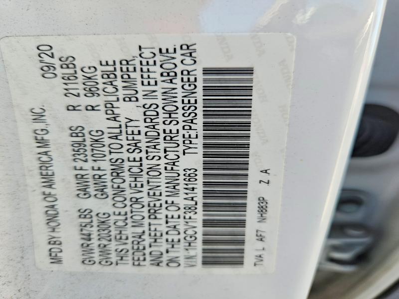 2020 Honda Accord მანქანა იყიდება აუქციონზე, vin: 1HGCV1F38LA141663, აუქციონის ნომერი: 66421546