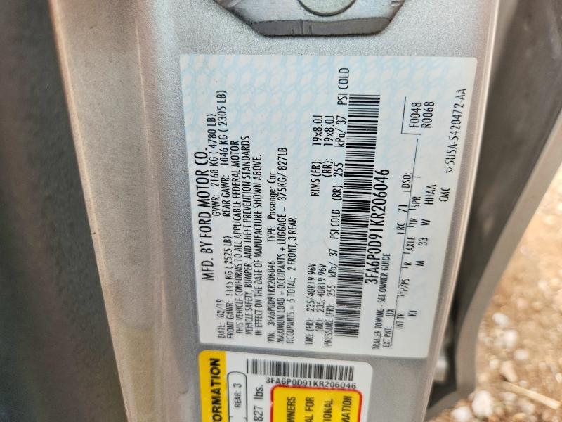 2019 Ford Fusion მანქანა იყიდება აუქციონზე, vin: 3FA6P0D91KR206046, აუქციონის ნომერი: 63712446