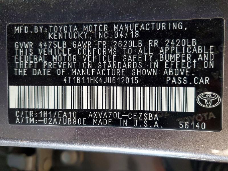 65181826 :رقم المزاد ، 4T1B11HK4JU612015 vin ، 2018 Toyota Camry مزاد بيع