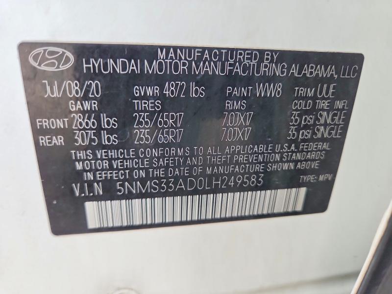 2020 Hyundai Santa Fe მანქანა იყიდება აუქციონზე, vin: 5NMS33AD0LH249583, აუქციონის ნომერი: 67085996