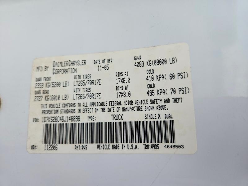 Aukcja sprzedaży 2006 Dodge Ram 2500, vin: 1D7KS28C46J148898, numer aukcji: 66463946