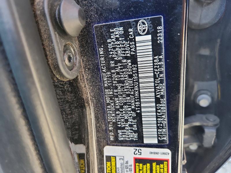 2019 Toyota Camry მანქანა იყიდება აუქციონზე, vin: 4T1B11HK8KU195192, აუქციონის ნომერი: 65121896