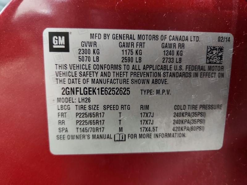 66280206 :رقم المزاد ، 2GNFLGEK1E6252625 vin ، 2014 Chevrolet Equinox مزاد بيع