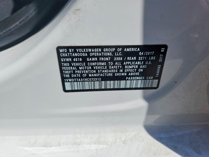 2017 Volkswagen Passat მანქანა იყიდება აუქციონზე, vin: 1VWDT7A31HC072312, აუქციონის ნომერი: 64464216