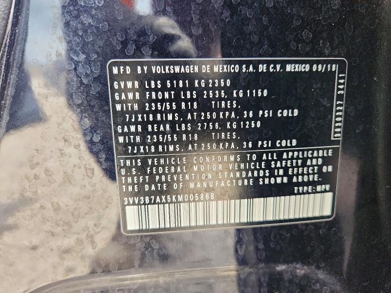Aukcja sprzedaży 2019 Volkswagen Tiguan, vin: 3VV3B7AX5KM005868, numer aukcji: 64238236