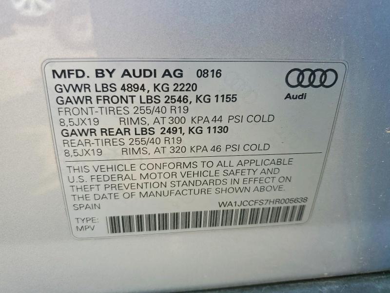 2017 Audi Q3 მანქანა იყიდება აუქციონზე, vin: WA1JCCFS7HR005638, აუქციონის ნომერი: 63883096