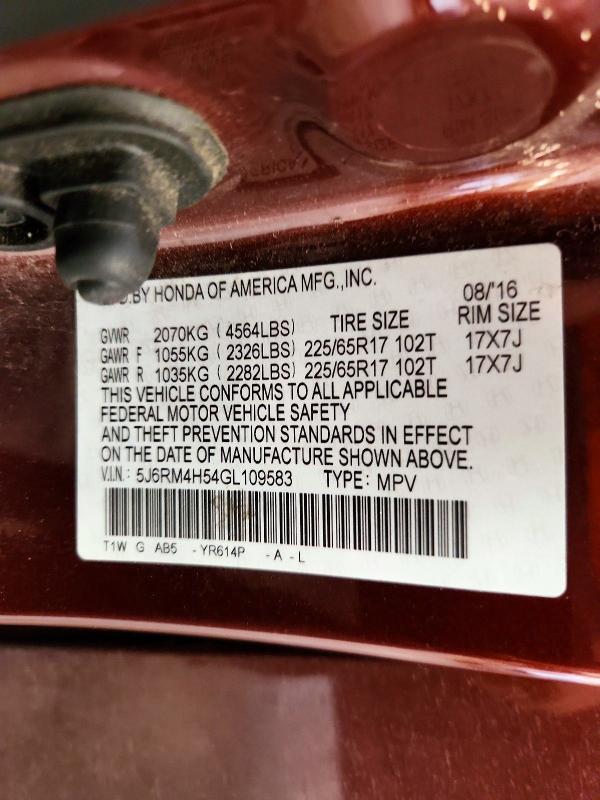 Aukcja sprzedaży 2016 Honda Cr-v, vin: 5J6RM4H54GL109583, numer aukcji: 63839256