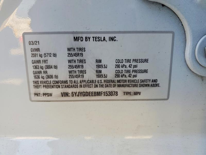 Aukcja sprzedaży 2021 Tesla Model Y, vin: 5YJYGDEE8MF153078, numer aukcji: 66436056