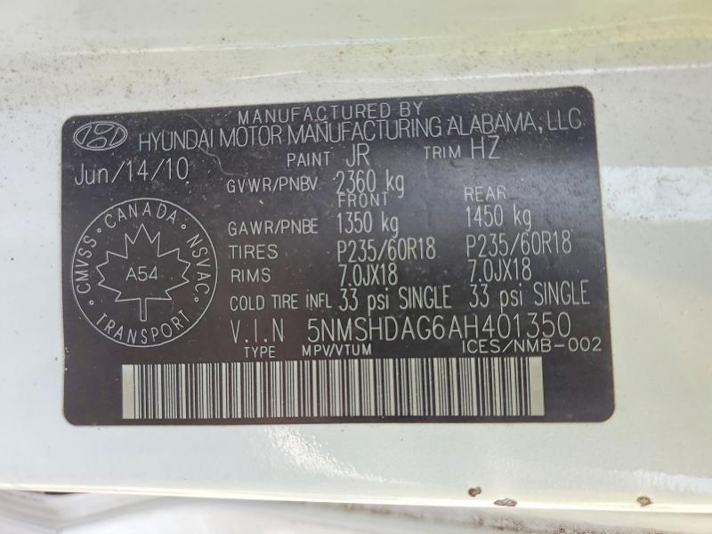 65024776 :رقم المزاد ، 5NMSHDAG6AH401350 vin ، 2010 Hyundai Santa Fe مزاد بيع