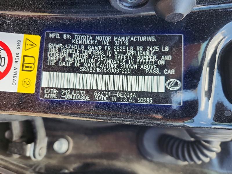 Aukcja sprzedaży 2019 Lexus Es, vin: 58ABZ1B1XKU031220, numer aukcji: 64668256