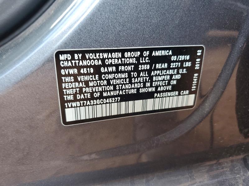 64835766 :رقم المزاد ، 1VWBT7A33GC045277 vin ، 2016 Volkswagen Passat مزاد بيع