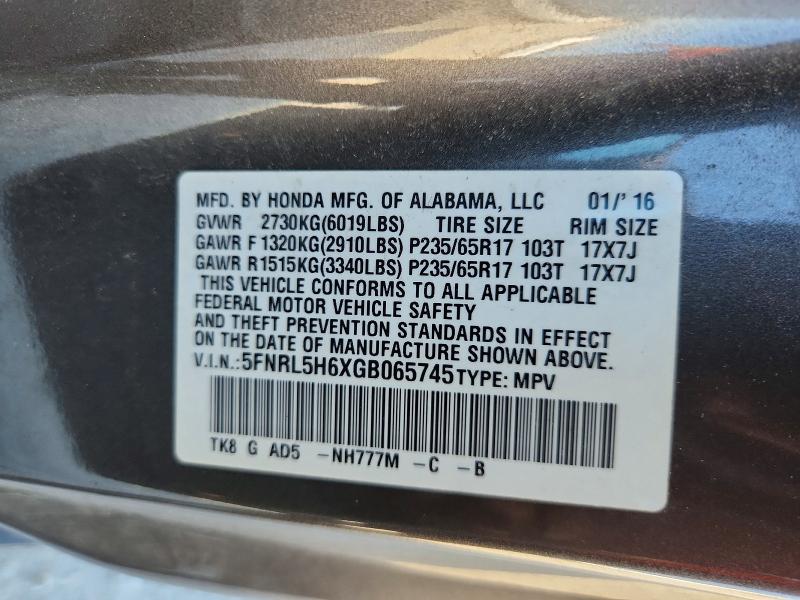 Aukcja sprzedaży 2016 Honda Odyssey, vin: 5FNRL5H6XGB065745, numer aukcji: 66459696