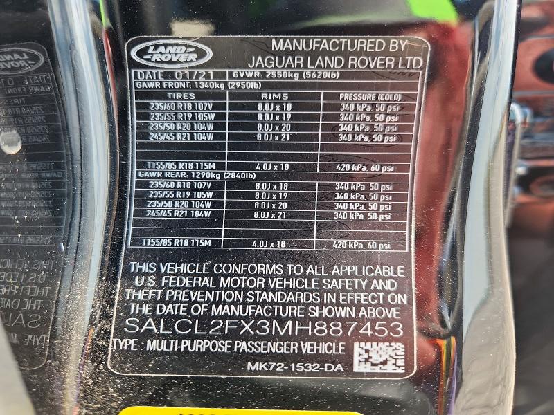 63763006 :رقم المزاد ، SALCL2FX3MH887453 vin ، 2021 Land Rover Discovery Sport مزاد بيع