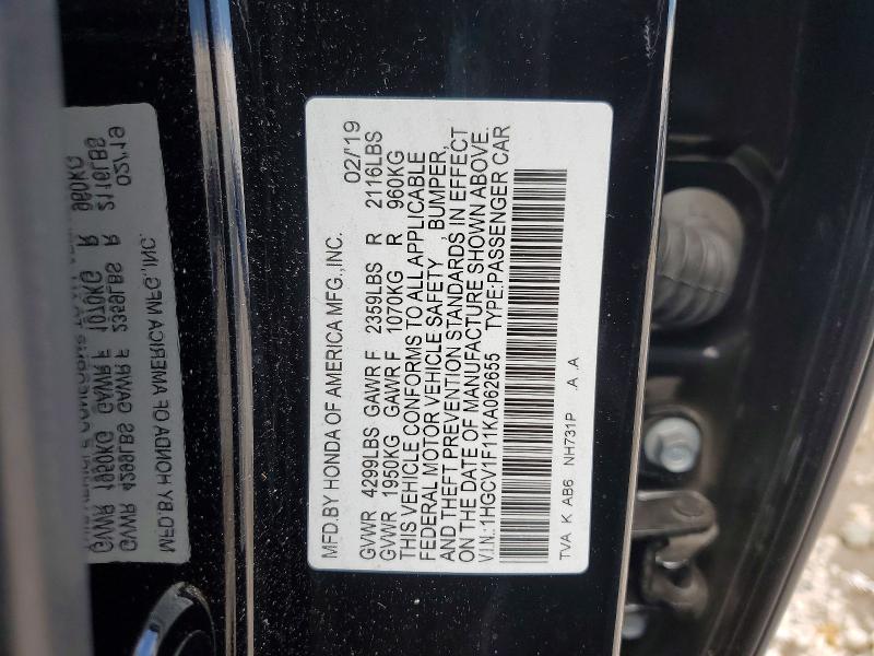 Продажа на аукционе авто 2019 Honda Accord, vin: 1HGCV1F11KA062655, номер лота: 63163706