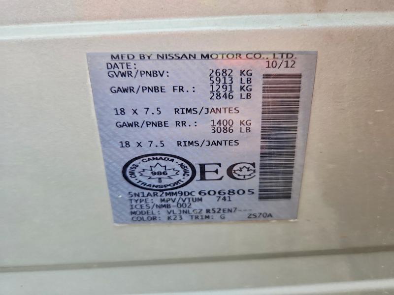 62141926 :رقم المزاد ، 5N1AR2MM9DC606805 vin ، 2013 Nissan Pathfinder مزاد بيع