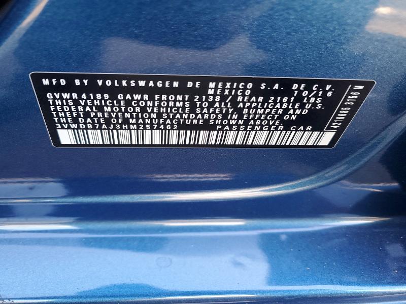 2017 Volkswagen Jetta მანქანა იყიდება აუქციონზე, vin: 3VWDB7AJ3HM257462, აუქციონის ნომერი: 66657596