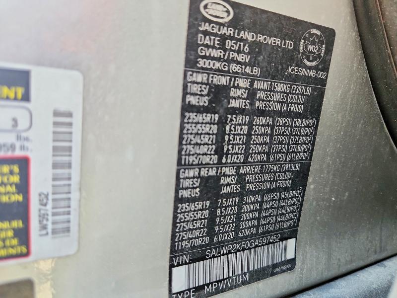Продаж на аукціоні авто 2016 Land Rover Range Rover Sport, vin: SALWR2KF0GA597452, номер лоту: 65563846