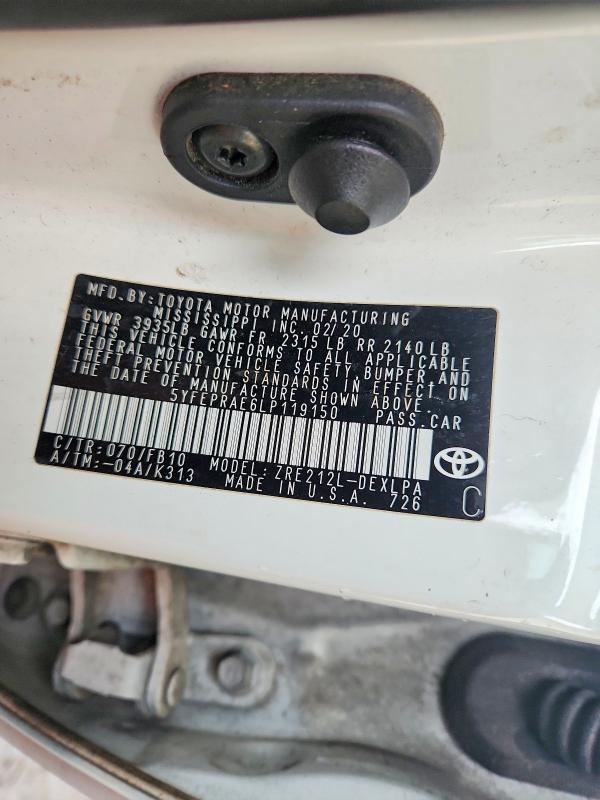 67065986 :رقم المزاد ، 5YFEPRAE6LP119150 vin ، 2020 Toyota Corolla مزاد بيع