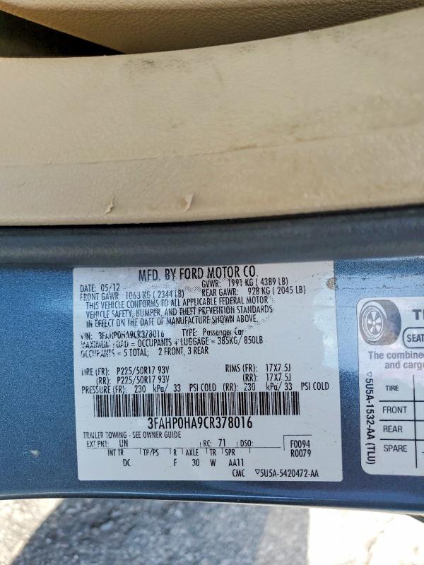 Auction sale of the 2012 Ford Fusion, vin: 3FAHP0HA9CR378016, lot number: 64464896