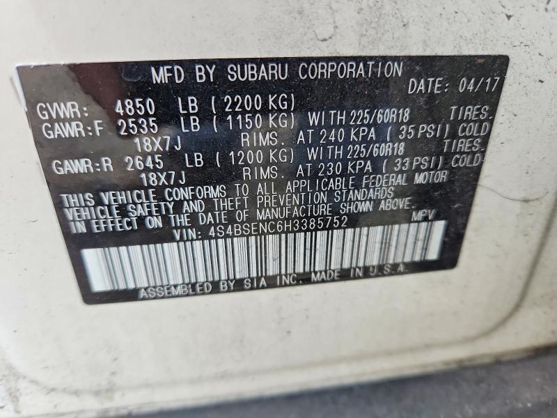 2017 Subaru Outback მანქანა იყიდება აუქციონზე, vin: 4S4BSENC6H3385752, აუქციონის ნომერი: 66782846