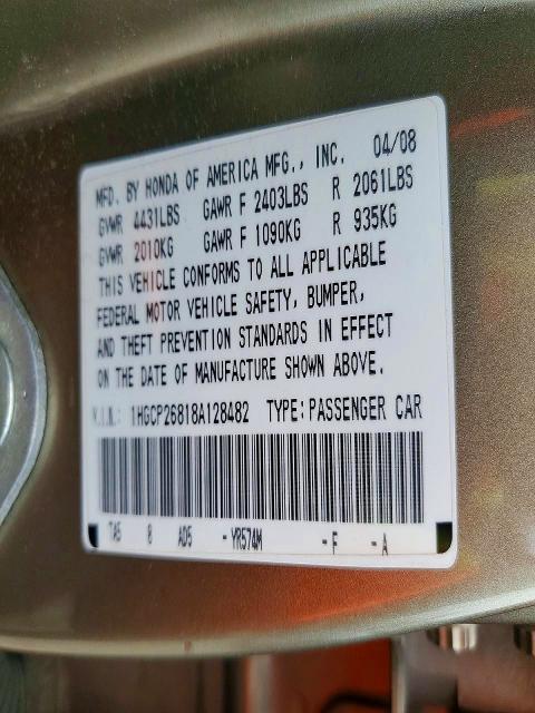 Продажа на аукционе авто 2008 Honda Accord, vin: 1HGCP26818A128482, номер лота: 65493106