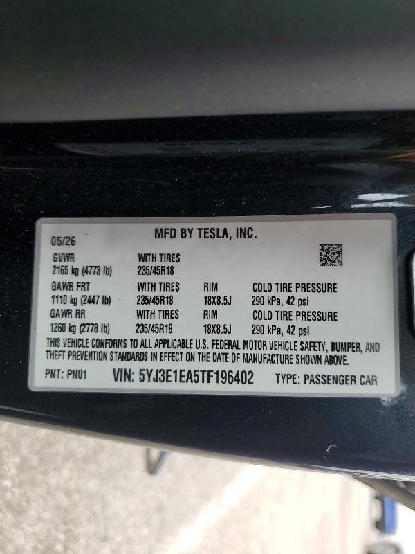 2026 Tesla Model 3 მანქანა იყიდება აუქციონზე, vin: 5YJ3E1EA5TF196402, აუქციონის ნომერი: 65265866
