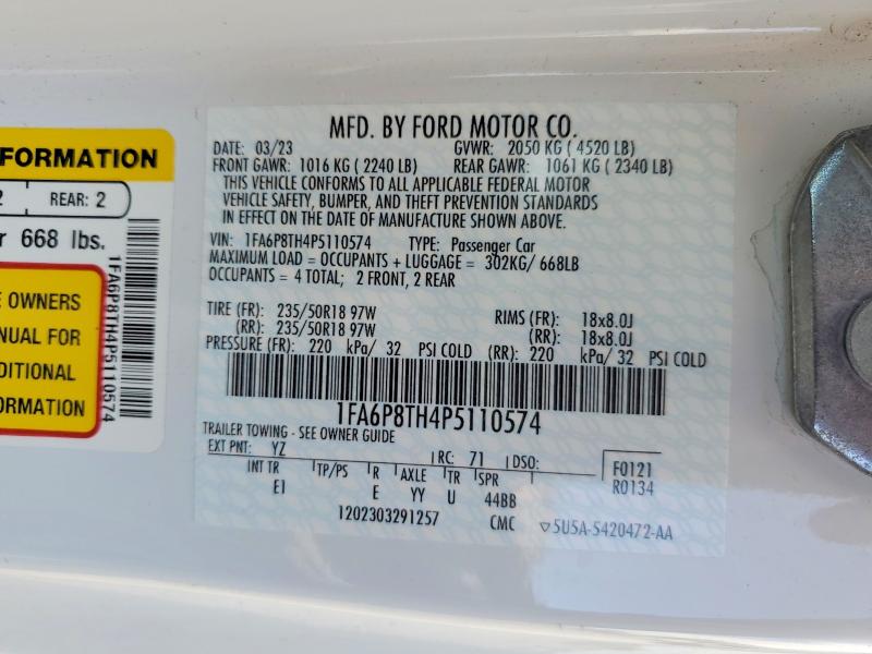 2023 Ford Mustang მანქანა იყიდება აუქციონზე, vin: 1FA6P8TH4P5110574, აუქციონის ნომერი: 63878756