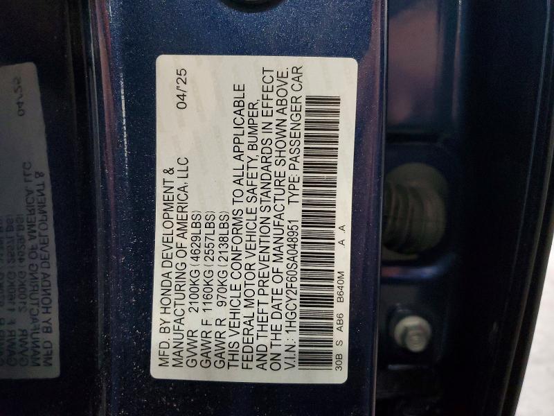 62630106 :رقم المزاد ، 1HGCY2F60SA048951 vin ، 2025 Honda Accord مزاد بيع