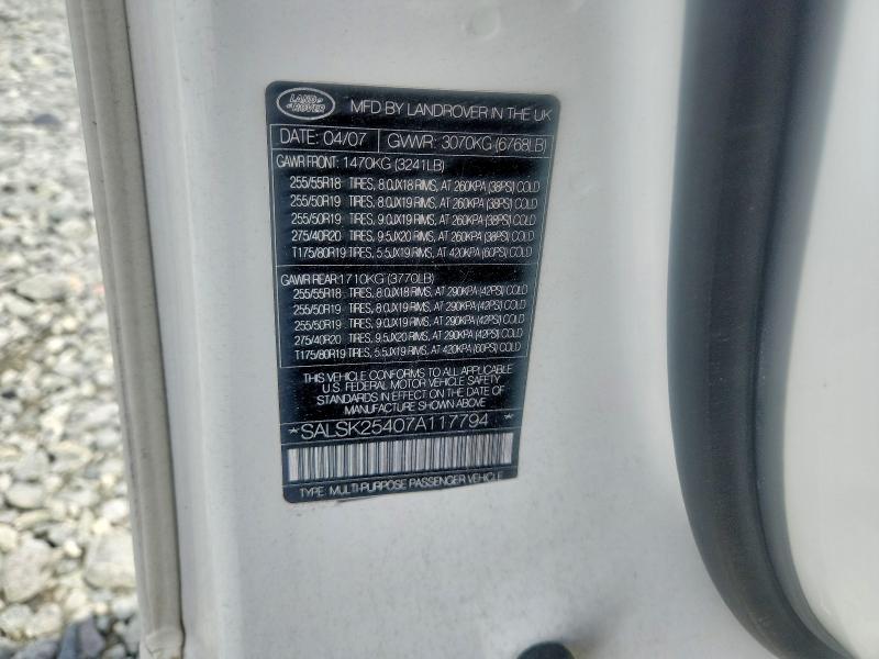2007 Land Rover Range Rover Sport მანქანა იყიდება აუქციონზე, vin: SALSK25407A117794, აუქციონის ნომერი: 66217596