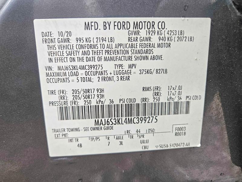 Aukcja sprzedaży 2021 Ford Ecosport, vin: MAJ6S3KL4MC399275, numer aukcji: 64666536