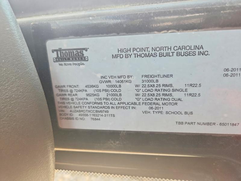 Продажа на аукционе авто 2012 Freightliner Chassis, vin: 4UZABRDTXCCBM9749, номер лота: 66056906