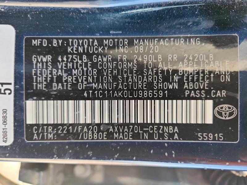 65904866 :رقم المزاد ، 4T1C11AK0LU986591 vin ، 2020 Toyota Camry مزاد بيع