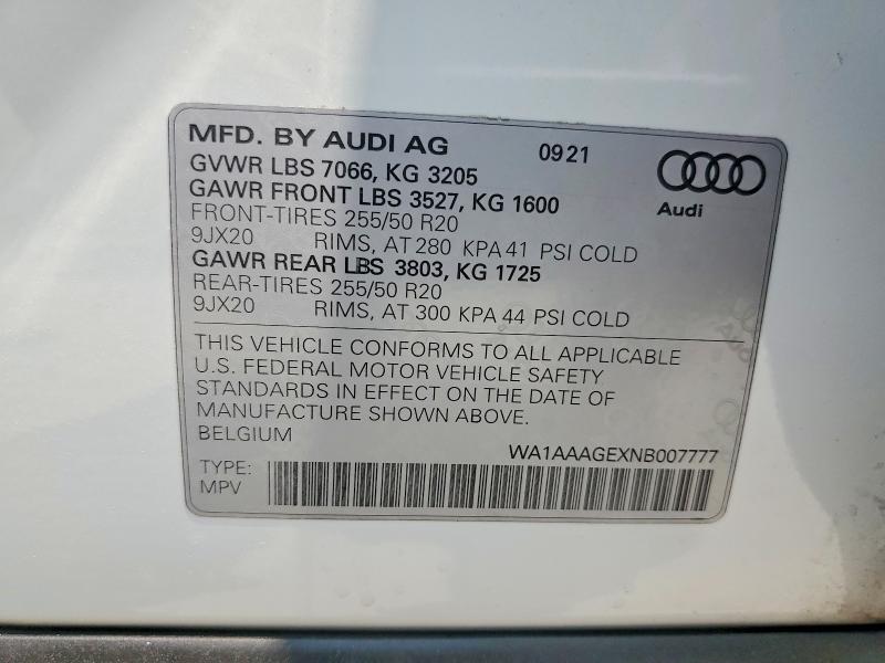 63642546 :رقم المزاد ، WA1AAAGEXNB007777 vin ، 2022 Audi E-tron مزاد بيع