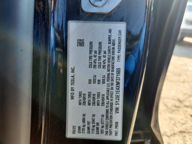 2022 Tesla Model 3 მანქანა იყიდება აუქციონზე, vin: 5YJ3E1EAXNF371665, აუქციონის ნომერი: 66475306