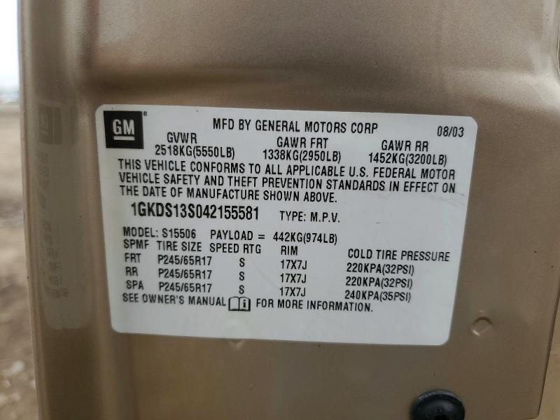 65486296 :رقم المزاد ، 1GKDS13S042155581 vin ، 2004 Gmc Envoy مزاد بيع