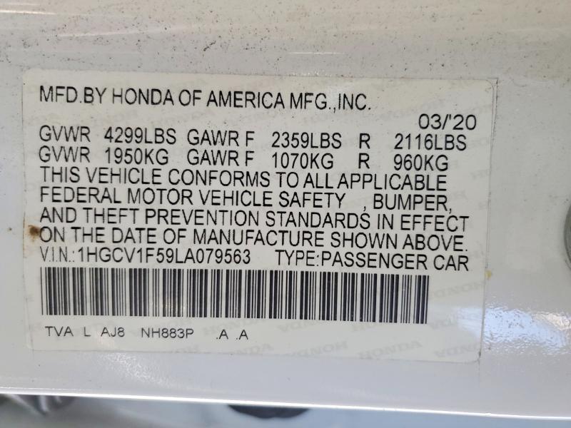 2020 Honda Accord მანქანა იყიდება აუქციონზე, vin: 1HGCV1F59LA079563, აუქციონის ნომერი: 65047606