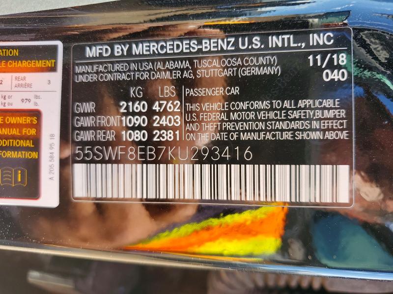 66022696 :رقم المزاد ، 55SWF8EB7KU293416 vin ، 2019 Mercedes-benz C مزاد بيع