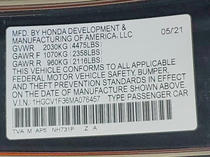 Aukcja sprzedaży 2021 Honda Accord, vin: 1HGCV1F36MA076457, numer aukcji: 64974096