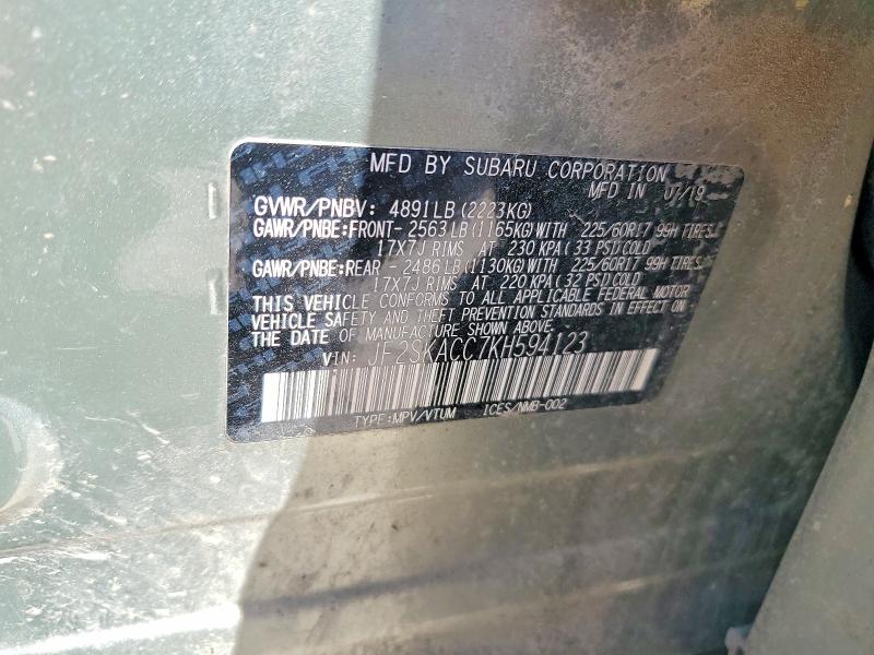 Продаж на аукціоні авто 2019 Subaru Forester, vin: JF2SKACC7KH594123, номер лоту: 63899916