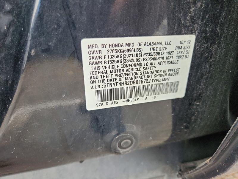 Aukcja sprzedaży 2013 Honda Pilot, vin: 5FNYF4H92DB016722, numer aukcji: 64637036