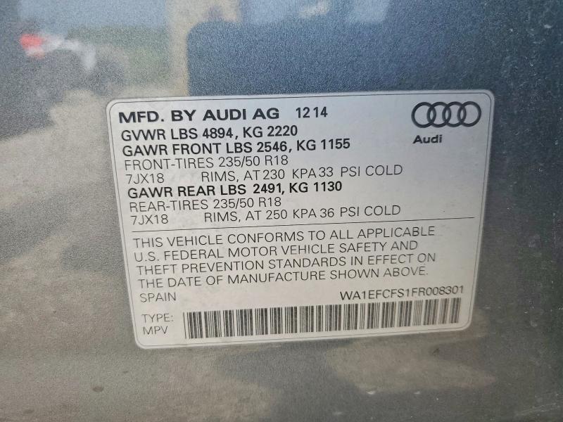 2015 Audi Q3 მანქანა იყიდება აუქციონზე, vin: WA1EFCFS1FR008301, აუქციონის ნომერი: 64973226