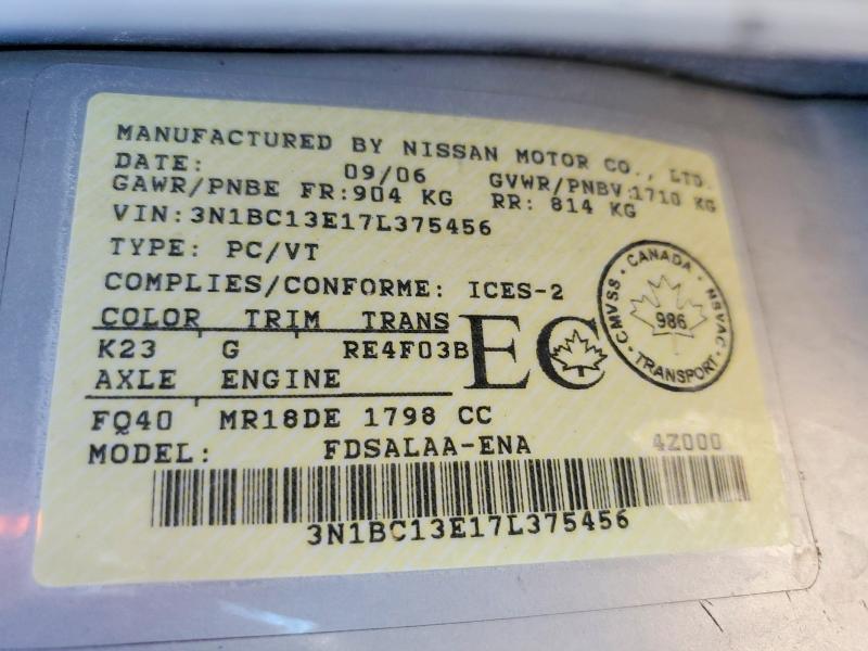 Продажа на аукционе авто 2007 Nissan Versa, vin: 3N1BC13E17L375456, номер лота: 66267806