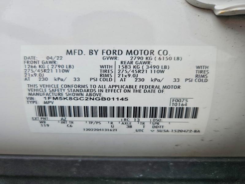 63146426 :رقم المزاد ، 1FM5K8GC2NGB01145 vin ، 2022 Ford Explorer مزاد بيع