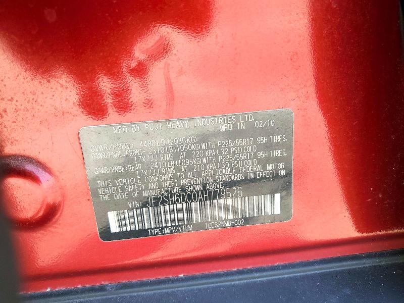 2010 Subaru Forester მანქანა იყიდება აუქციონზე, vin: JF2SH6DC0AH779526, აუქციონის ნომერი: 65592196