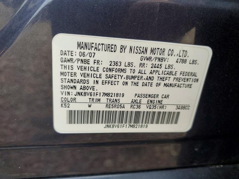 2007 Infiniti G35 მანქანა იყიდება აუქციონზე, vin: JNKBV61F17M821819, აუქციონის ნომერი: 63676946