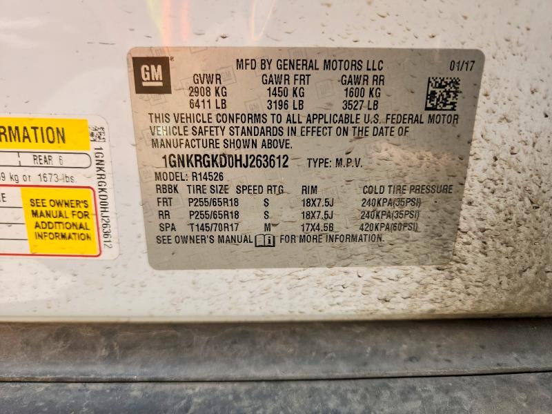 Aukcja sprzedaży 2017 Chevrolet Traverse, vin: 1GNKRGKD0HJ263612, numer aukcji: 65168696