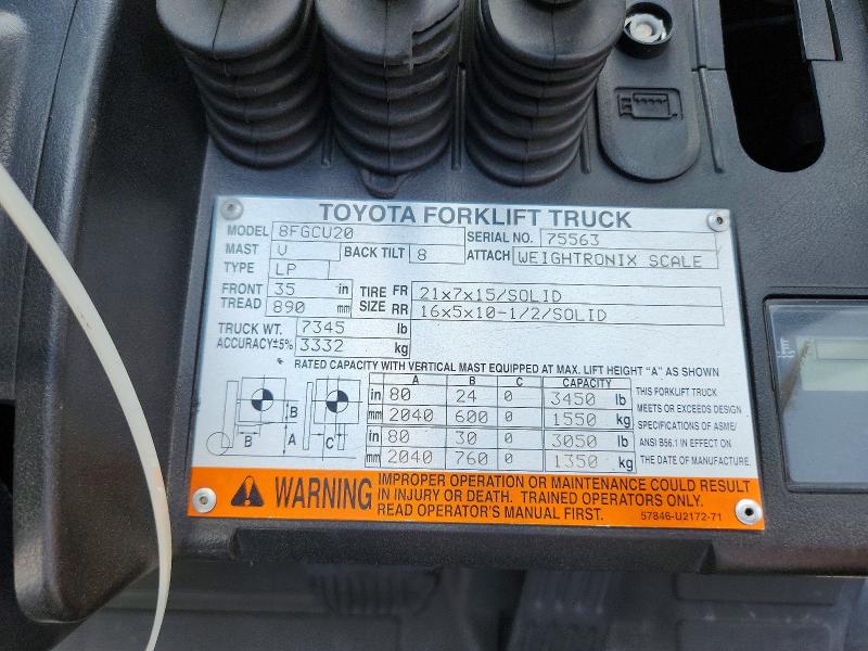 65307016 :رقم المزاد ، 75563 vin ، 2016 Toyota 8fgcu20 مزاد بيع