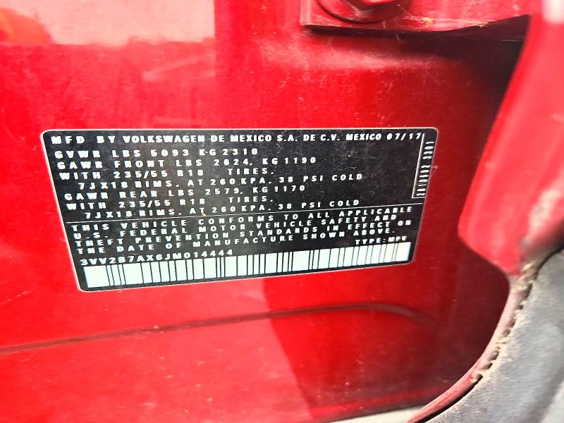 2018 Volkswagen Tiguan მანქანა იყიდება აუქციონზე, vin: 3VV2B7AX6JM014444, აუქციონის ნომერი: 66784906